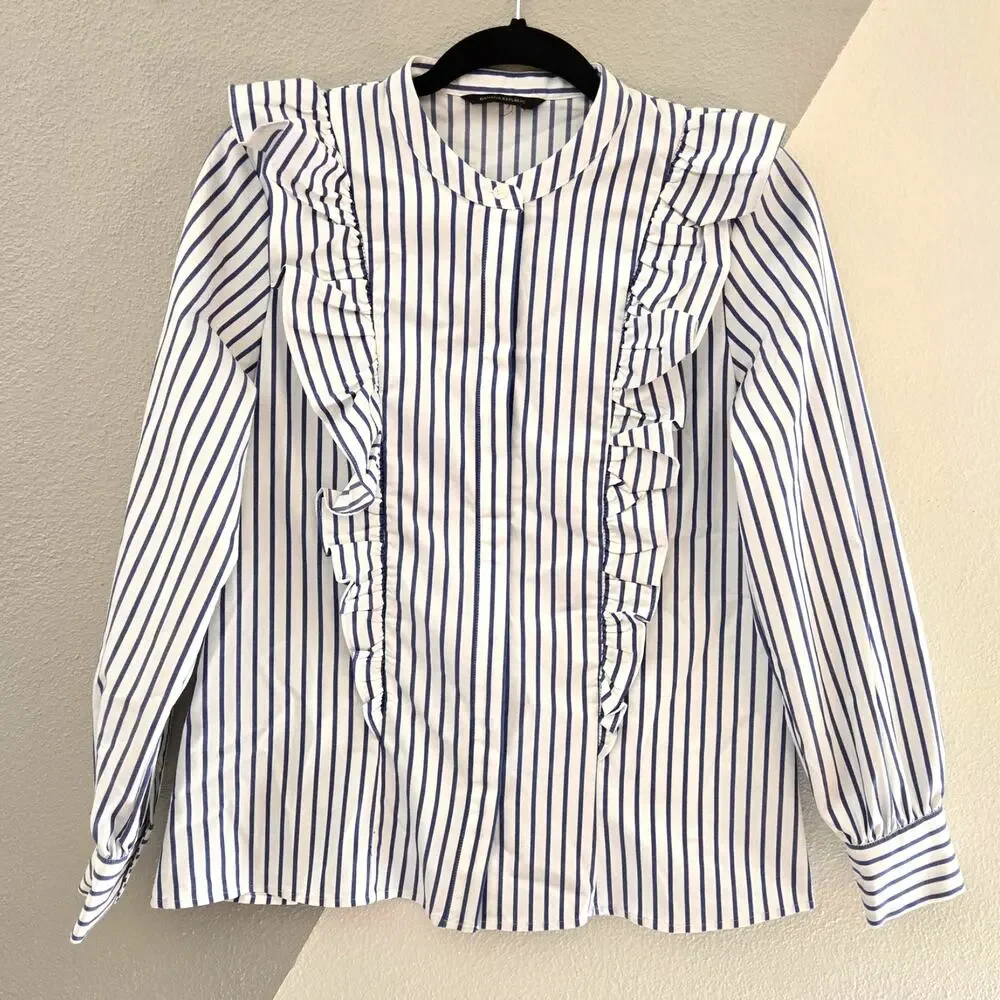 Banana Republic Riley-Fit Stripe Ruffle-Front Shirt 10P - Picture 2 of 11